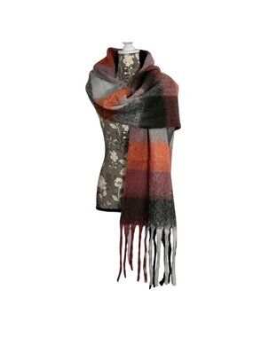 Super Soft Plaid Oversized Scarf With Fringe In Autumn Colors 76 x 15